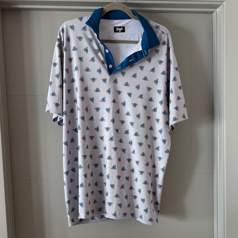 White and Blue Men's Polo Golf Shirt with bees -Waggle